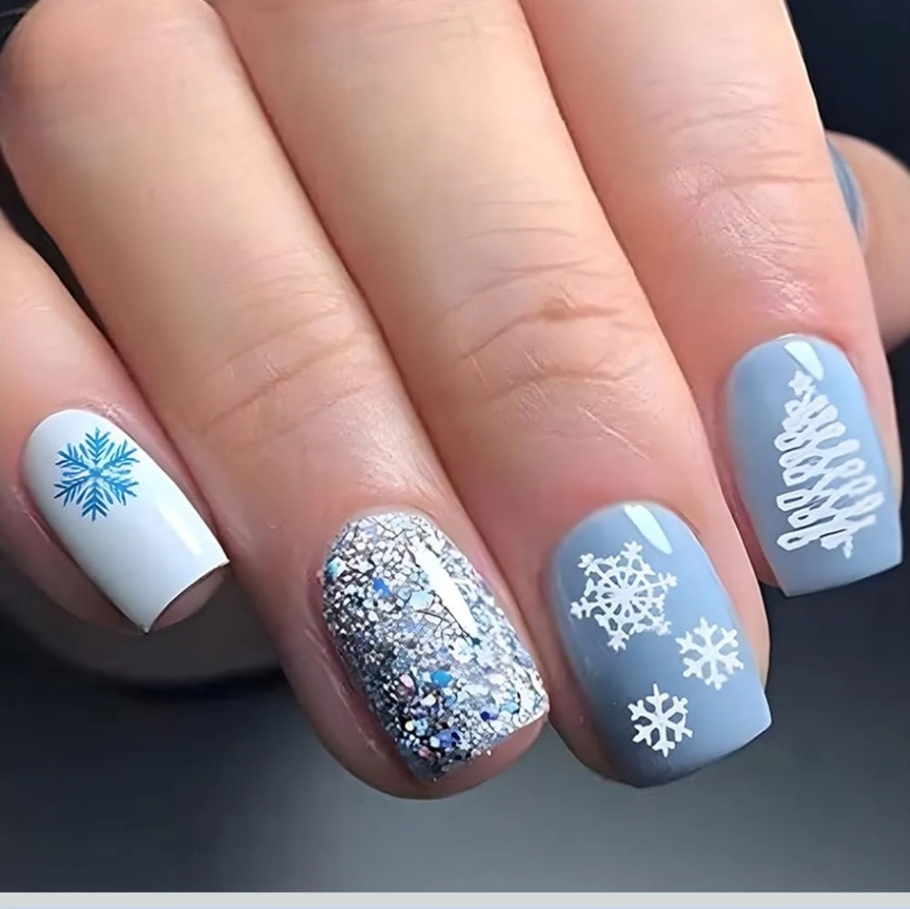 3/$15 Christmas Press on Nails Short White Baby Blue Winter Snow Tree Glitter